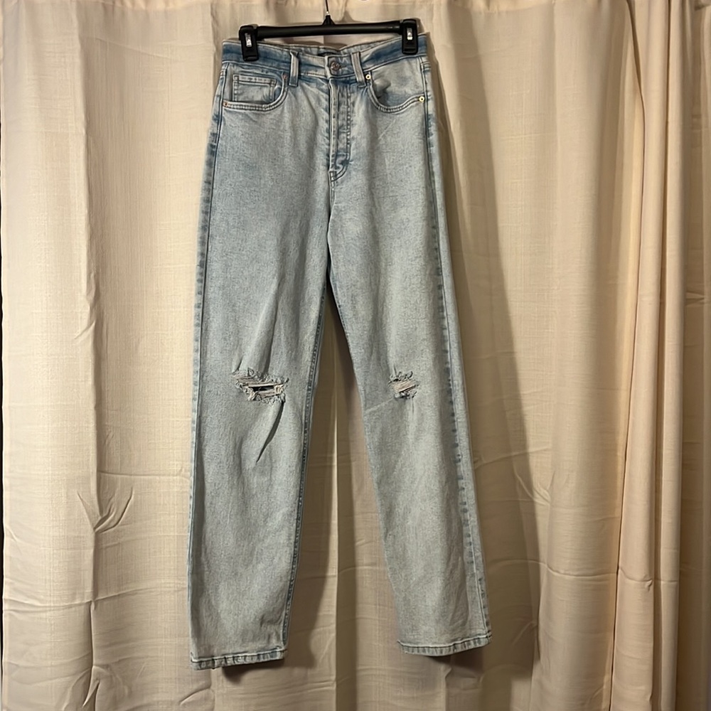 High rise distressed straight jeans